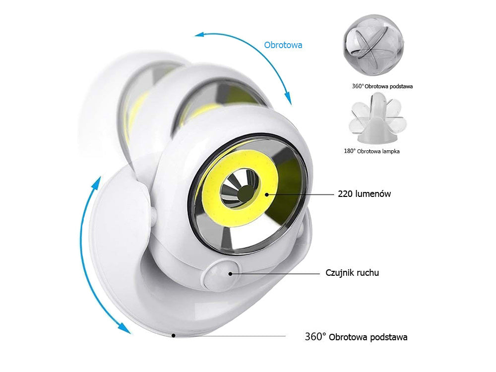 Led cob 360 baterijos lempa su judesio detektoriumi