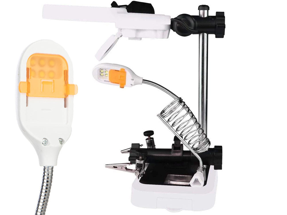 Trečiosios rankos litavimo rinkinys didinamojo stiklo laikiklis 6 led