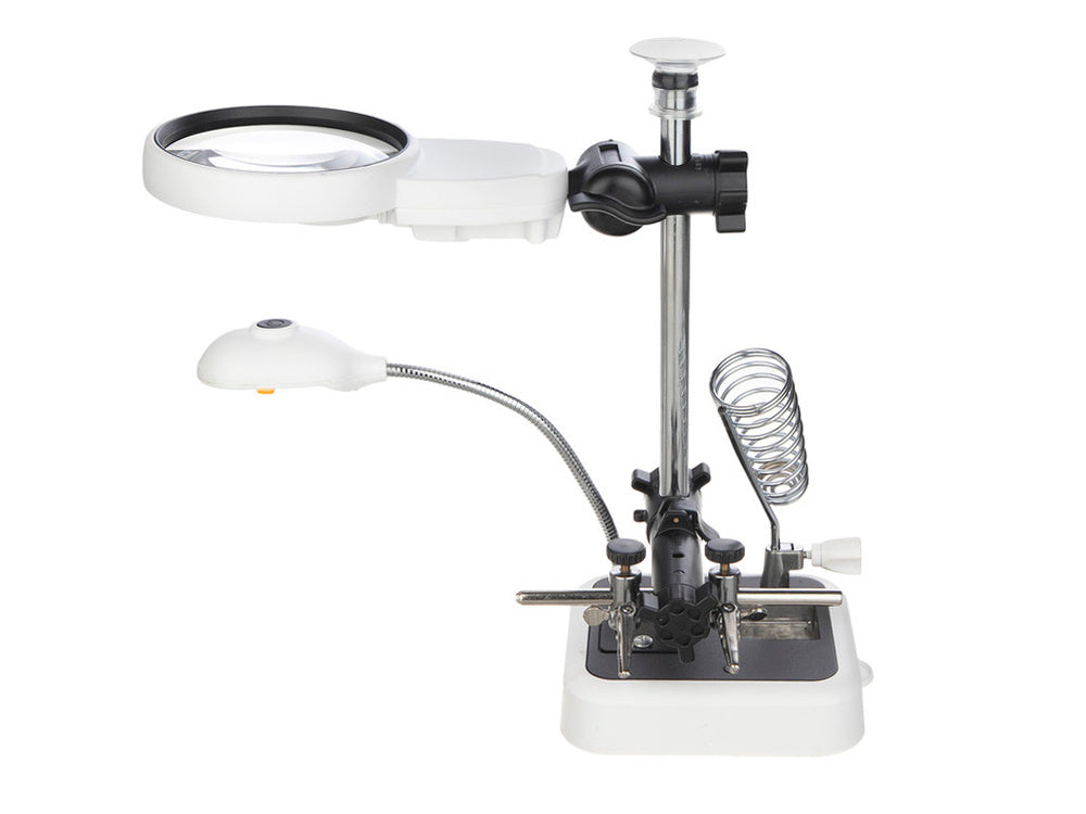 Trečiosios rankos litavimo rinkinys didinamojo stiklo laikiklis 6 led