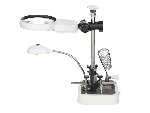 Trečiosios rankos litavimo rinkinys didinamojo stiklo laikiklis 6 led