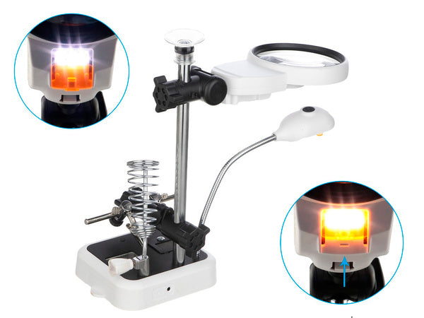 Trečiosios rankos litavimo rinkinys didinamojo stiklo laikiklis 6 led