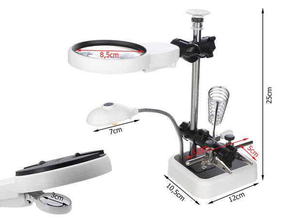 Trečiosios rankos litavimo rinkinys didinamojo stiklo laikiklis 6 led