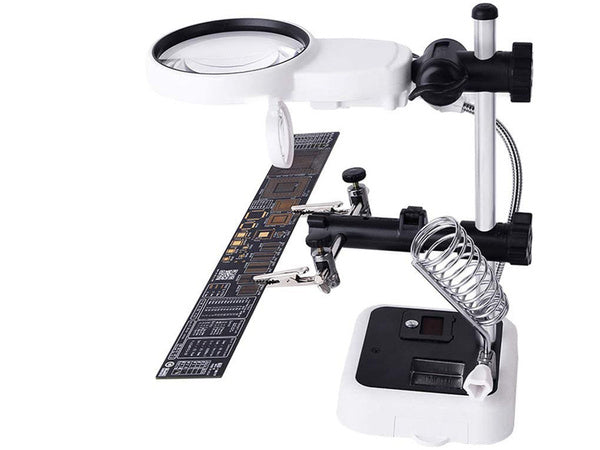 Trečiosios rankos litavimo rinkinys didinamojo stiklo laikiklis 6 led