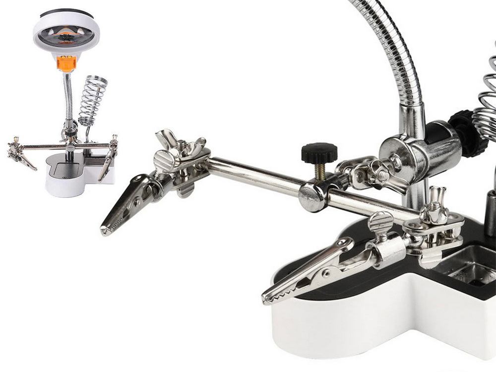 Trečiosios rankos litavimo rinkinys didinamojo stiklo laikiklis led