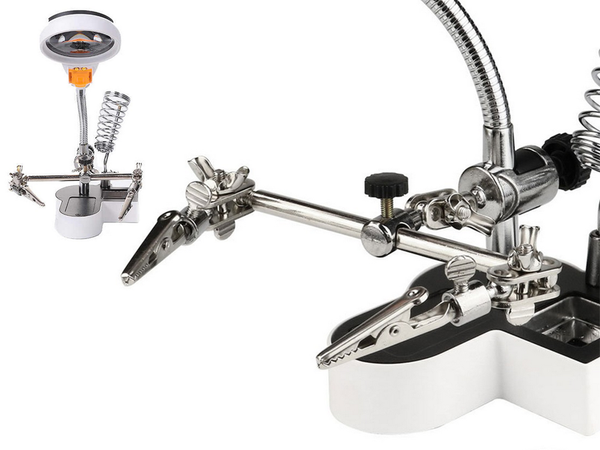 Trečiosios rankos litavimo rinkinys didinamojo stiklo laikiklis led