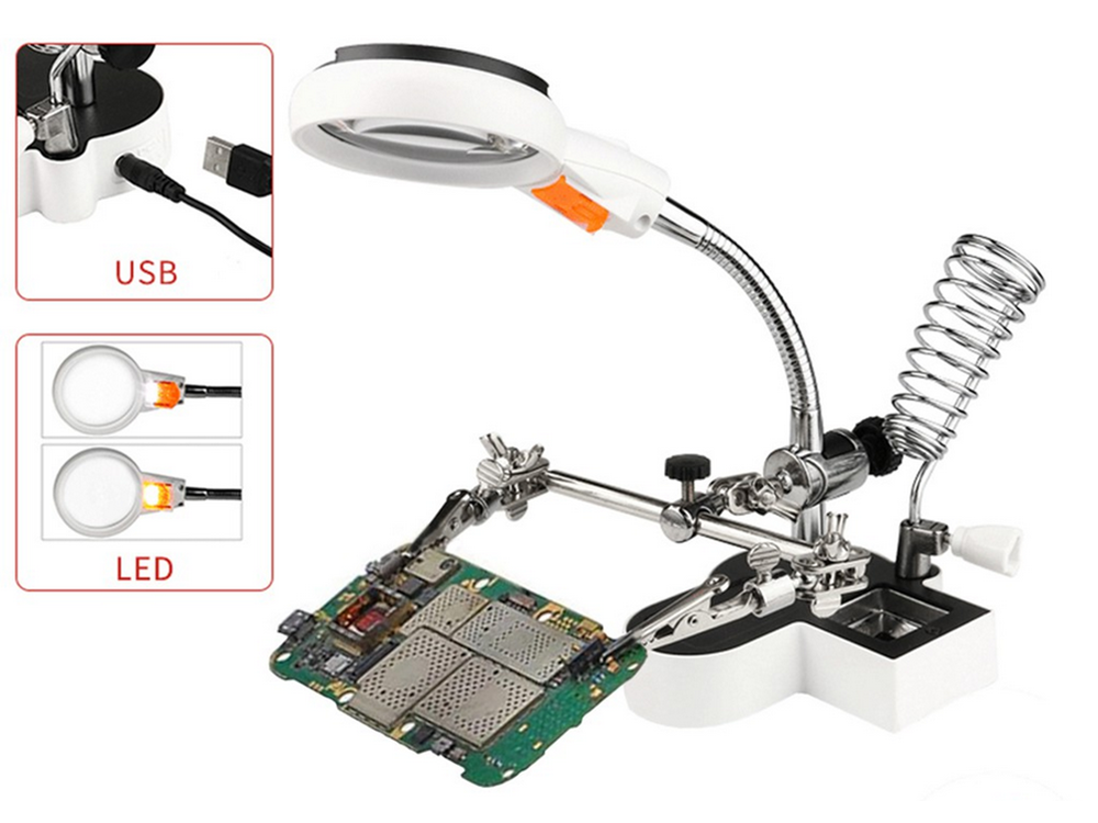 Trečiosios rankos litavimo rinkinys didinamojo stiklo laikiklis led