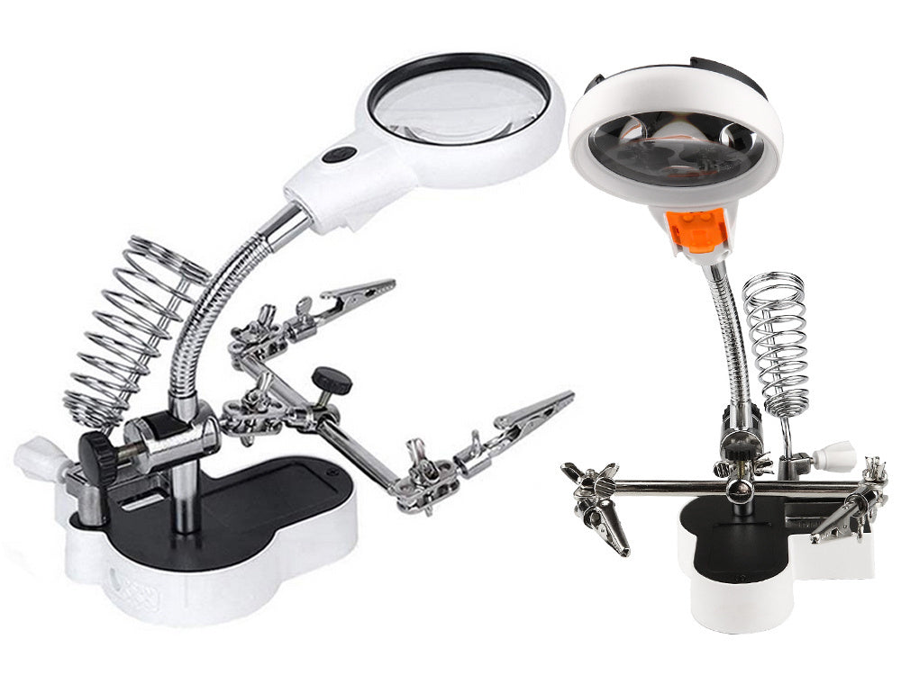 Trečiosios rankos litavimo rinkinys didinamojo stiklo laikiklis led