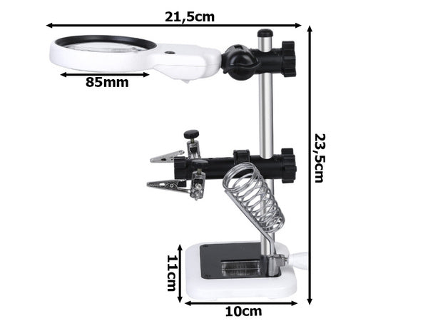 Trečiosios rankos litavimo rinkinys didinamojo stiklo laikiklis led