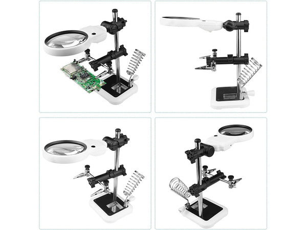 Trečiosios rankos litavimo rinkinys didinamojo stiklo laikiklis led