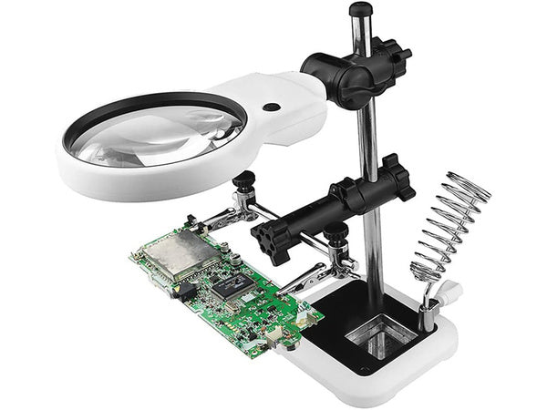 Trečiosios rankos litavimo rinkinys didinamojo stiklo laikiklis led