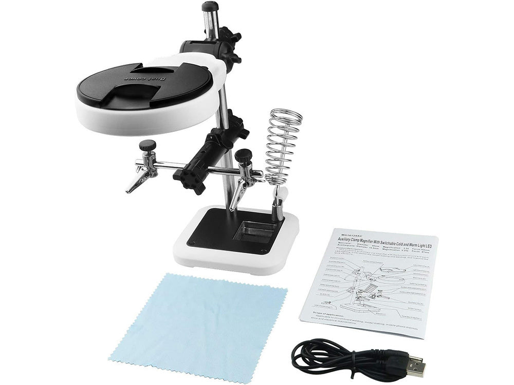 Trečiosios rankos litavimo rinkinys didinamojo stiklo laikiklis led