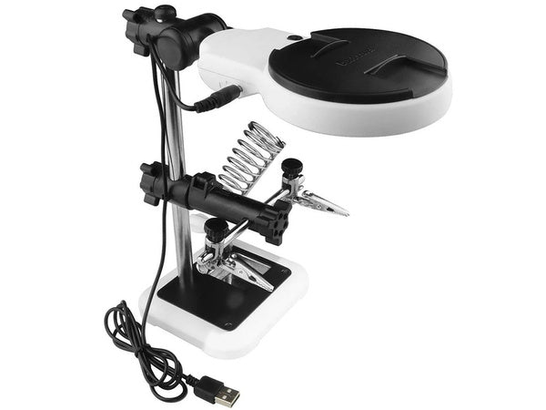 Trečiosios rankos litavimo rinkinys didinamojo stiklo laikiklis led