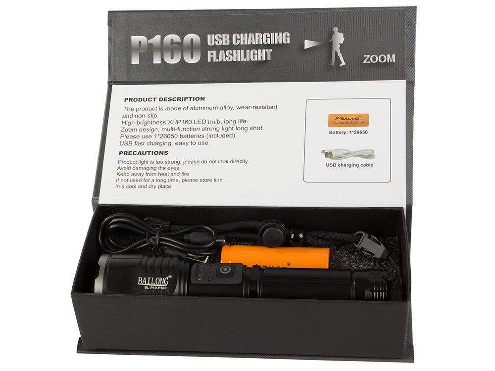 Taktinis žibintuvėlis bailong cree cob led xhp160 galia