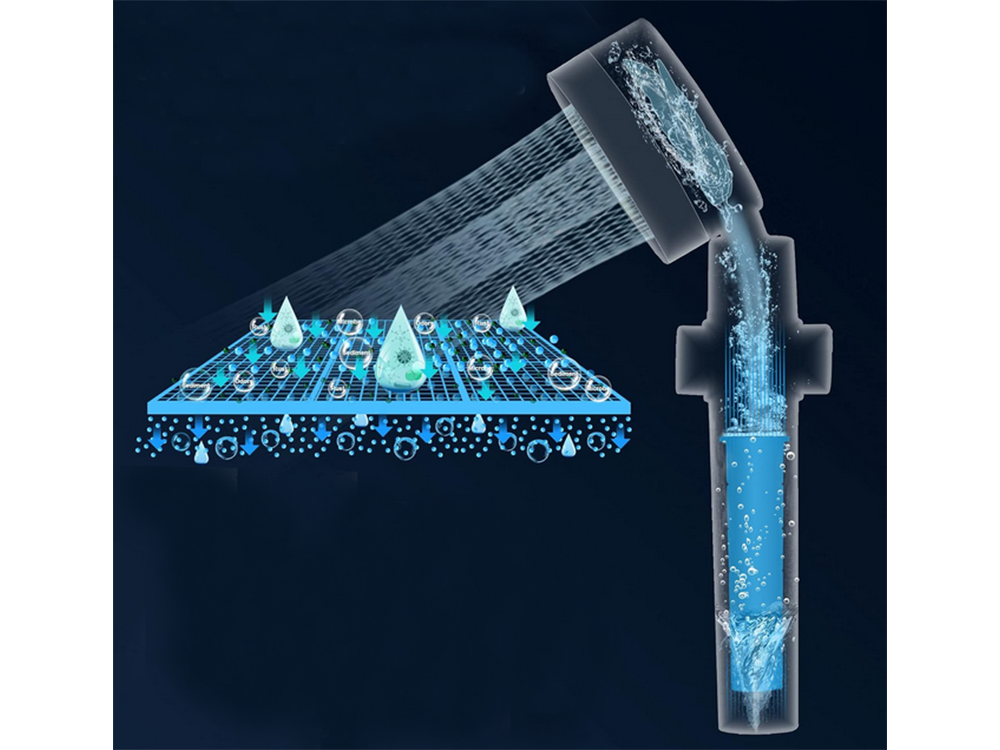 Dušo rankena su turbininiu filtru, keičiamu ventiliatoriumi, dušu