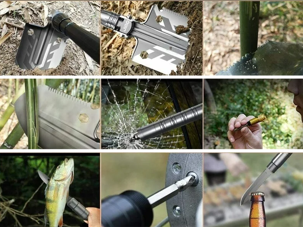 Sulankstomas kastuvas karinis atvejis pjūklas daugiafunkcinis išgyvenimo esminis