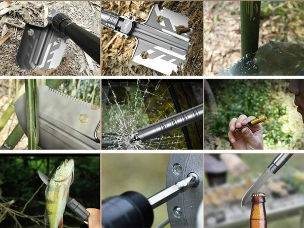 Sulankstomas kastuvas karinis atvejis pjūklas daugiafunkcinis išgyvenimo esminis