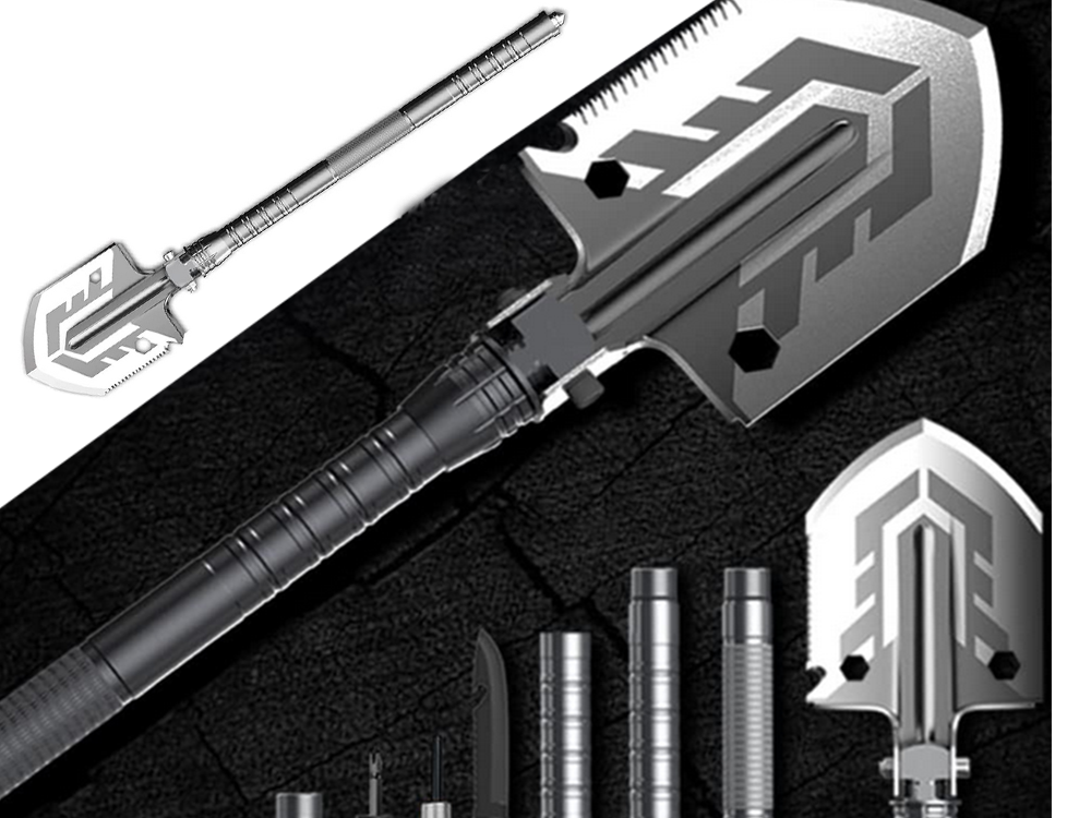 Sulankstomas kastuvas karinis atvejis pjūklas daugiafunkcinis išgyvenimo esminis