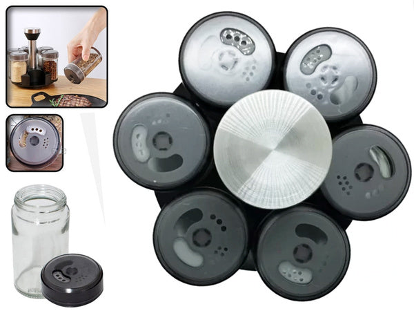 Prieskonių organizatorius rotaciniai stikliniai indeliai 6 vnt. Prieskonių druska