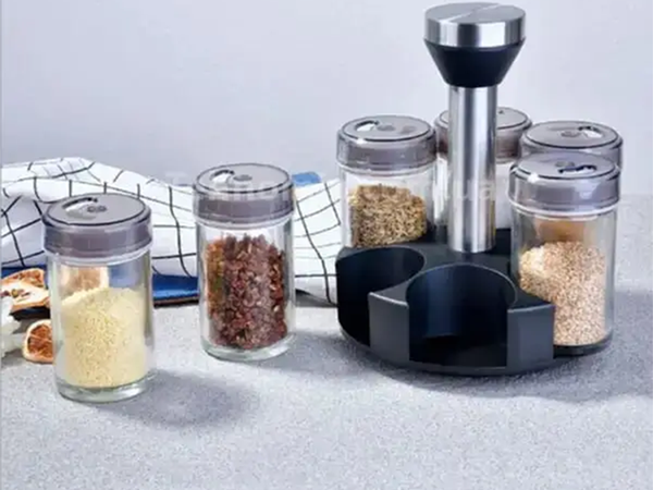 Prieskonių organizatorius rotaciniai stikliniai indeliai 6 vnt. Prieskonių druska