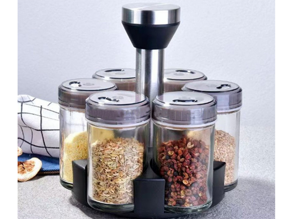 Prieskonių organizatorius rotaciniai stikliniai indeliai 6 vnt. Prieskonių druska