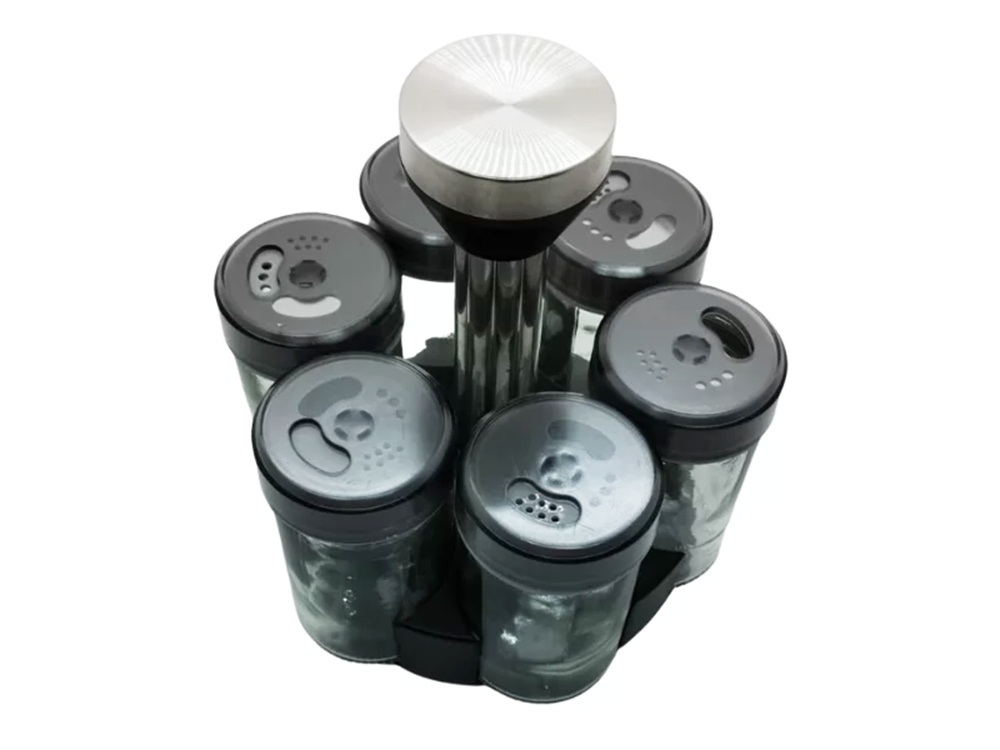 Prieskonių organizatorius rotaciniai stikliniai indeliai 6 vnt. Prieskonių druska