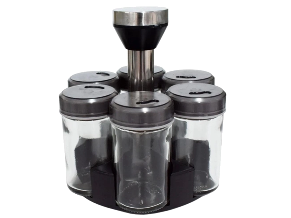 Prieskonių organizatorius rotaciniai stikliniai indeliai 6 vnt. Prieskonių druska