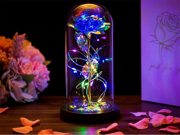 Amžina rožė stiklinėje dovanoje led šviečiantis mėlynas stiklas moters dienai