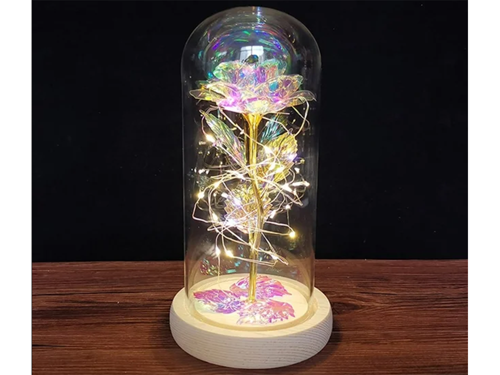 Amžina rožė stiklinėje dovanų led šviečianti dėžutė stiklinis medinis pagrindas.