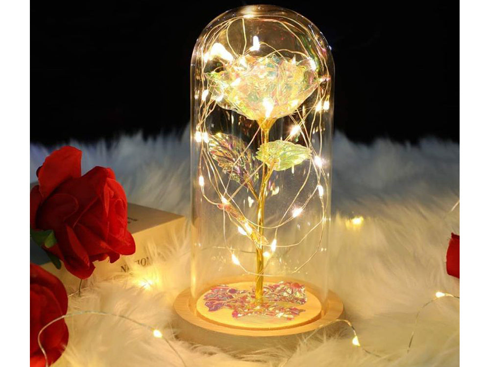 Amžina rožė stiklinėje dovanų led šviečianti dėžutė stiklinis medinis pagrindas.