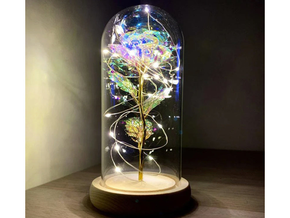 Amžina rožė stiklinėje dovanų led šviečianti dėžutė stiklinis medinis pagrindas.