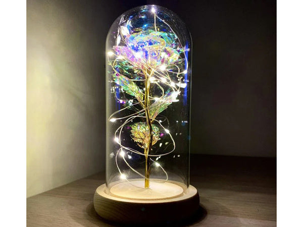 Amžina rožė stiklinėje dovanų led šviečianti dėžutė stiklinis medinis pagrindas.