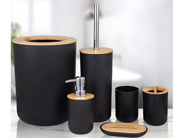 Vonios kambario rinkinys "6-in-1" vonios kambario tualeto rankenėlė su šiukšliadėže black set