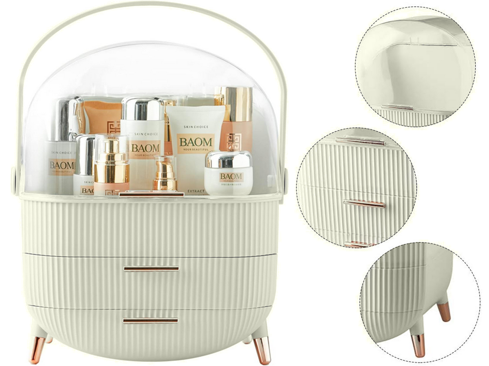 Kosmetikos organizatorius su stalčiais erdvus, su didele rankena elegantiškas