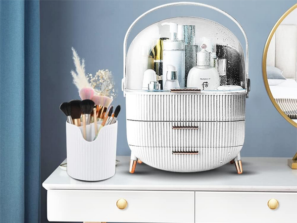 Kosmetikos organizatorius su stalčiais erdvus, su didele rankena elegantiškas