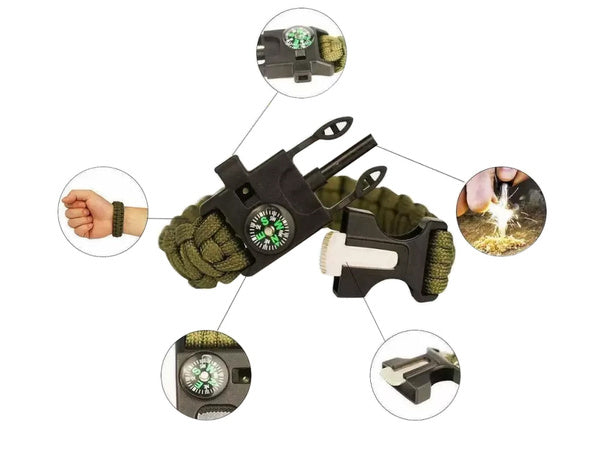 Apyrankė išgyvenimo apyrankė 5in1 kompasas flint virvė peilis paracord virvė