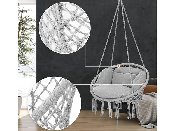 Hamakas su pagalvėle kabanti kėdė sūpynės erškėtrožės lizdas boho sodo namelis