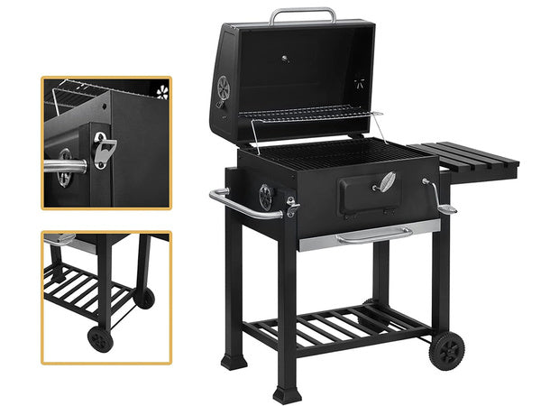 Medžio anglių sodo kepsninė dvi grotelės termometras dangtis lentyna pelenų keptuvė didelė