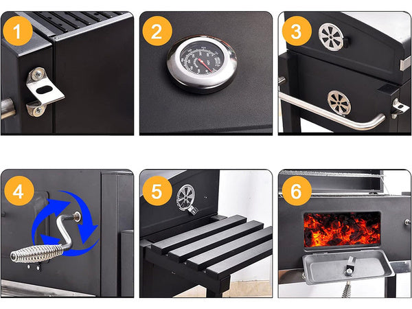 Medžio anglių sodo kepsninė dvi grotelės termometras dangtis lentyna pelenų keptuvė didelė