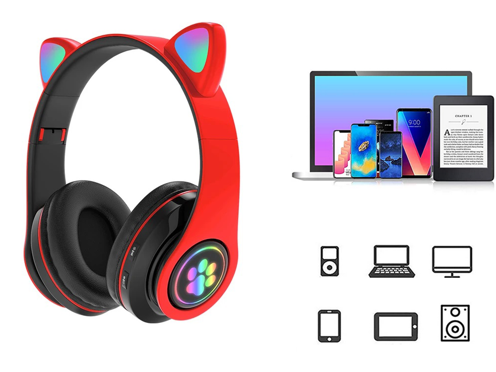 Belaidės ausinės "bluetooth" radijo fm mp3 katės ausys led apšvietimas, Raudona, Szín, Piros