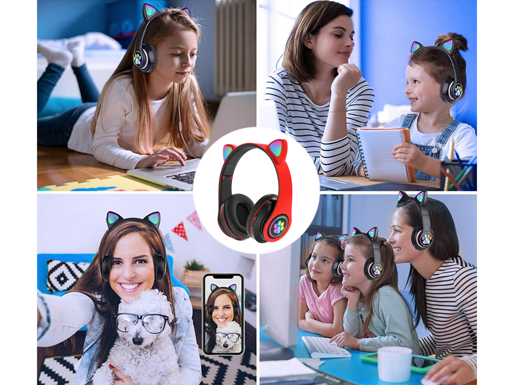 Belaidės ausinės "bluetooth" radijo fm mp3 katės ausys led apšvietimas, Raudona, Szín, Piros