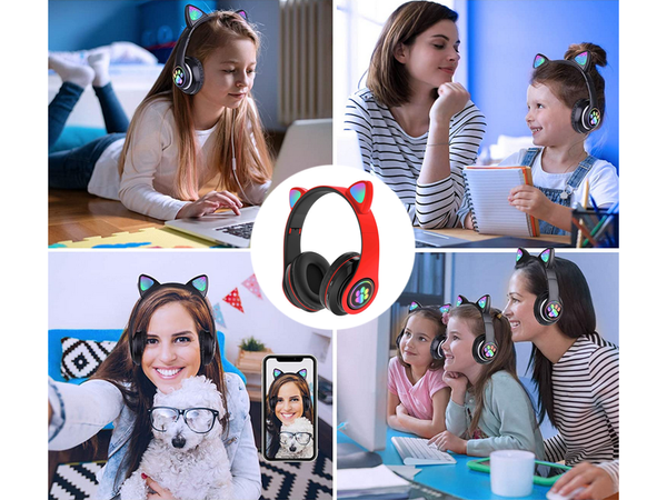 Belaidės ausinės "bluetooth" radijo fm mp3 katės ausys led apšvietimas, Raudona, Szín, Piros