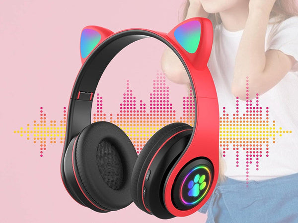 Belaidės ausinės "bluetooth" radijo fm mp3 katės ausys led apšvietimas, Raudona, Szín, Piros
