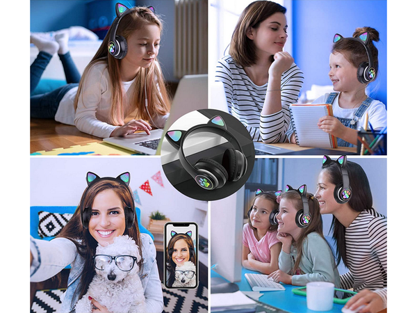Belaidės ausinės "bluetooth" radijo fm mp3 katės ausys led apšvietimas, Juoda, Szín, Fekete