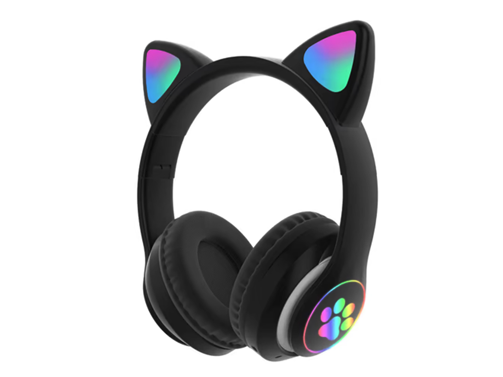 Belaidės ausinės "bluetooth" radijo fm mp3 katės ausys led apšvietimas, Juoda, Szín, Fekete