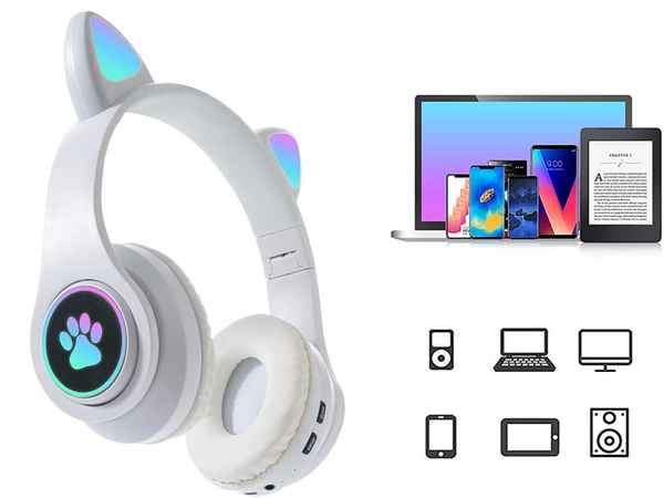 Belaidės ausinės "bluetooth" radijo fm mp3 katės ausys led apšvietimas, Baltas, Szín, Fehér
