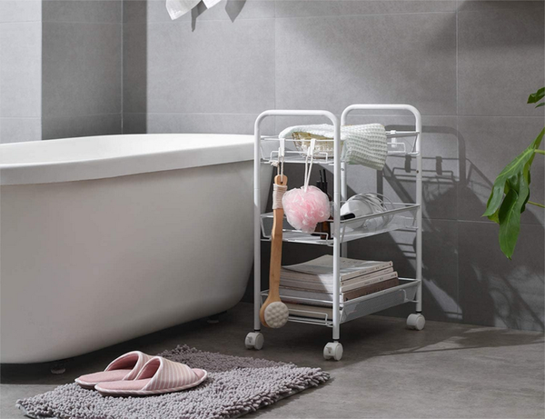 Vonios lentyna virtuvės spintelė ant ratukų metalinis stovas trijų lygių 3