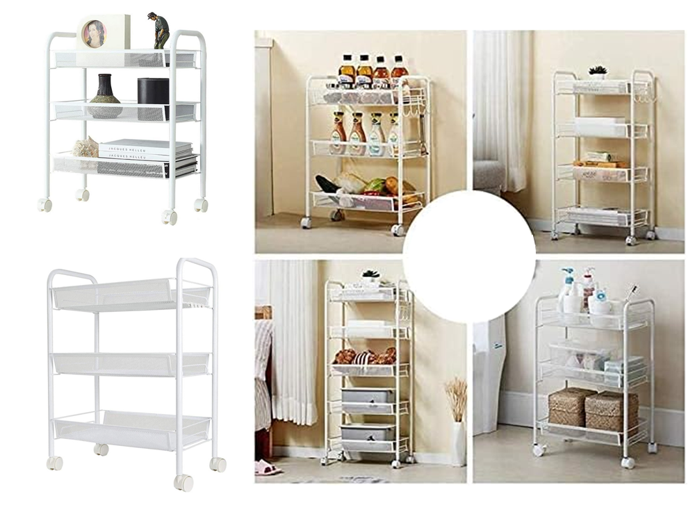 Vonios lentyna virtuvės spintelė ant ratukų metalinis stovas trijų lygių 3