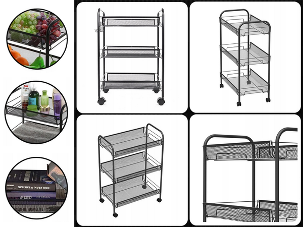 Vonios lentyna virtuvės spintelė ant ratukų metalinis stovas trijų lygių 3