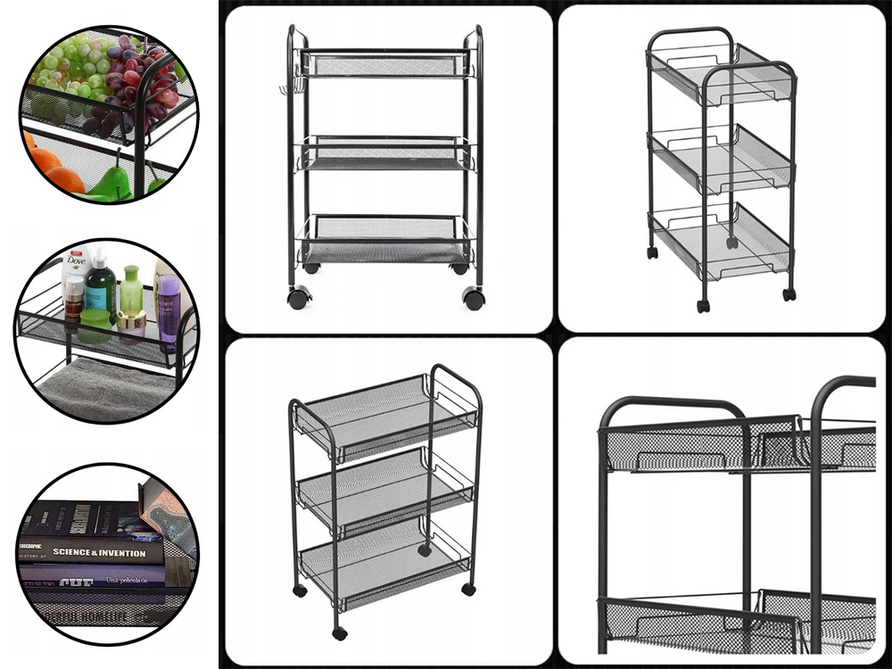 Vonios lentyna virtuvės spintelė ant ratukų metalinis stovas trijų lygių 3