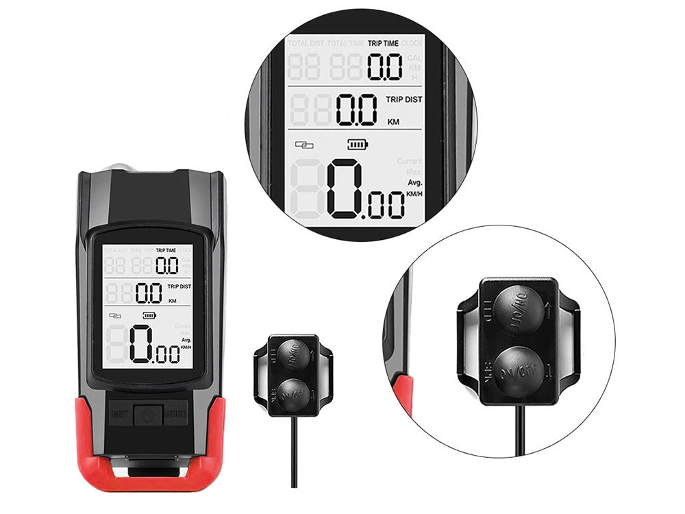 Priekinis galinis vadovaujamas dviračių žibintas belaidis skaitiklis garsus ragas 3in1, Raudona, Szín, Piros